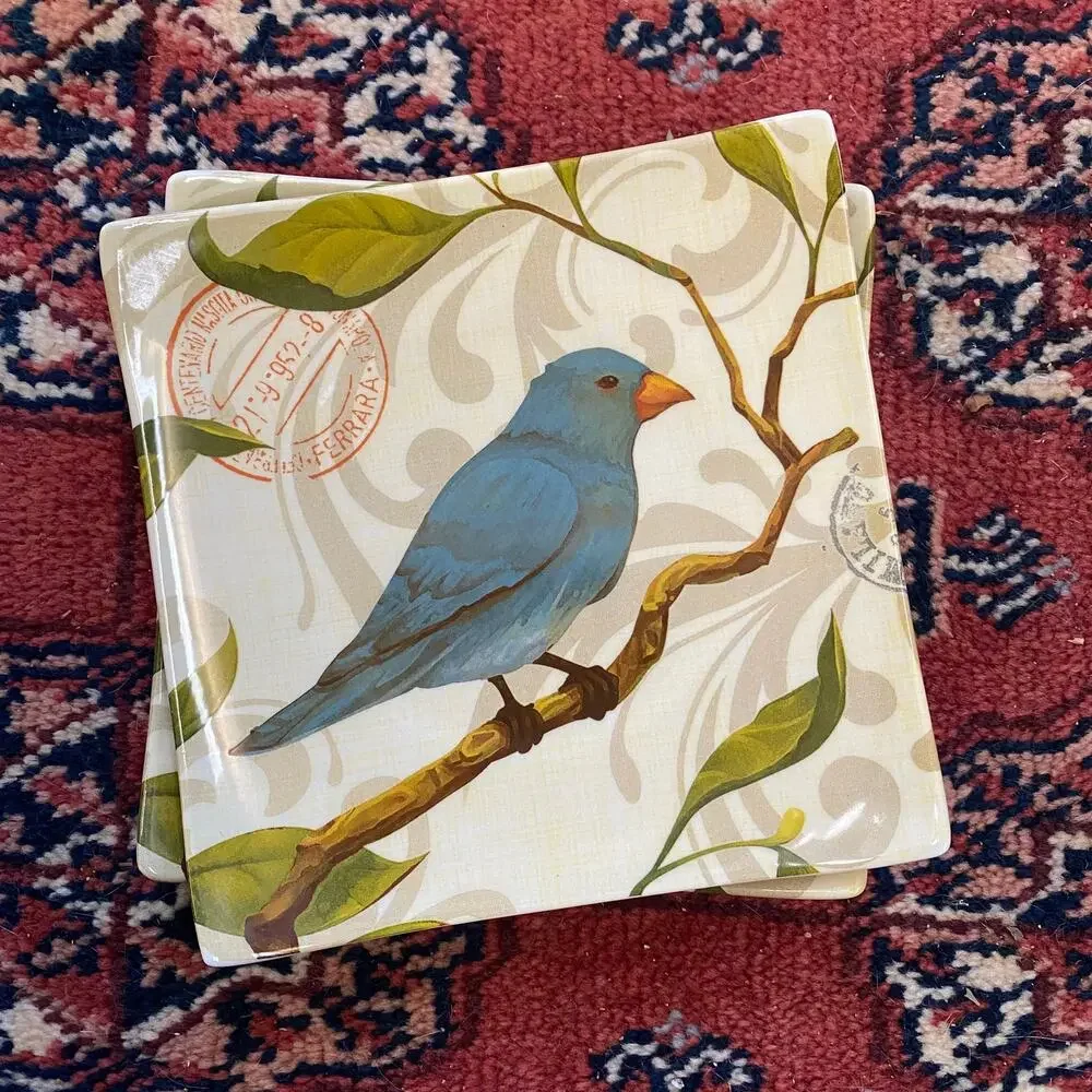 Cypress Home Pair of Cute Appetizer/Dessert‎ Plates Blue Birds, Curved Corners